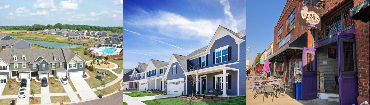 Real photos of Wesley Chapel, NC — aerial neighborhood view, new homes, and local community