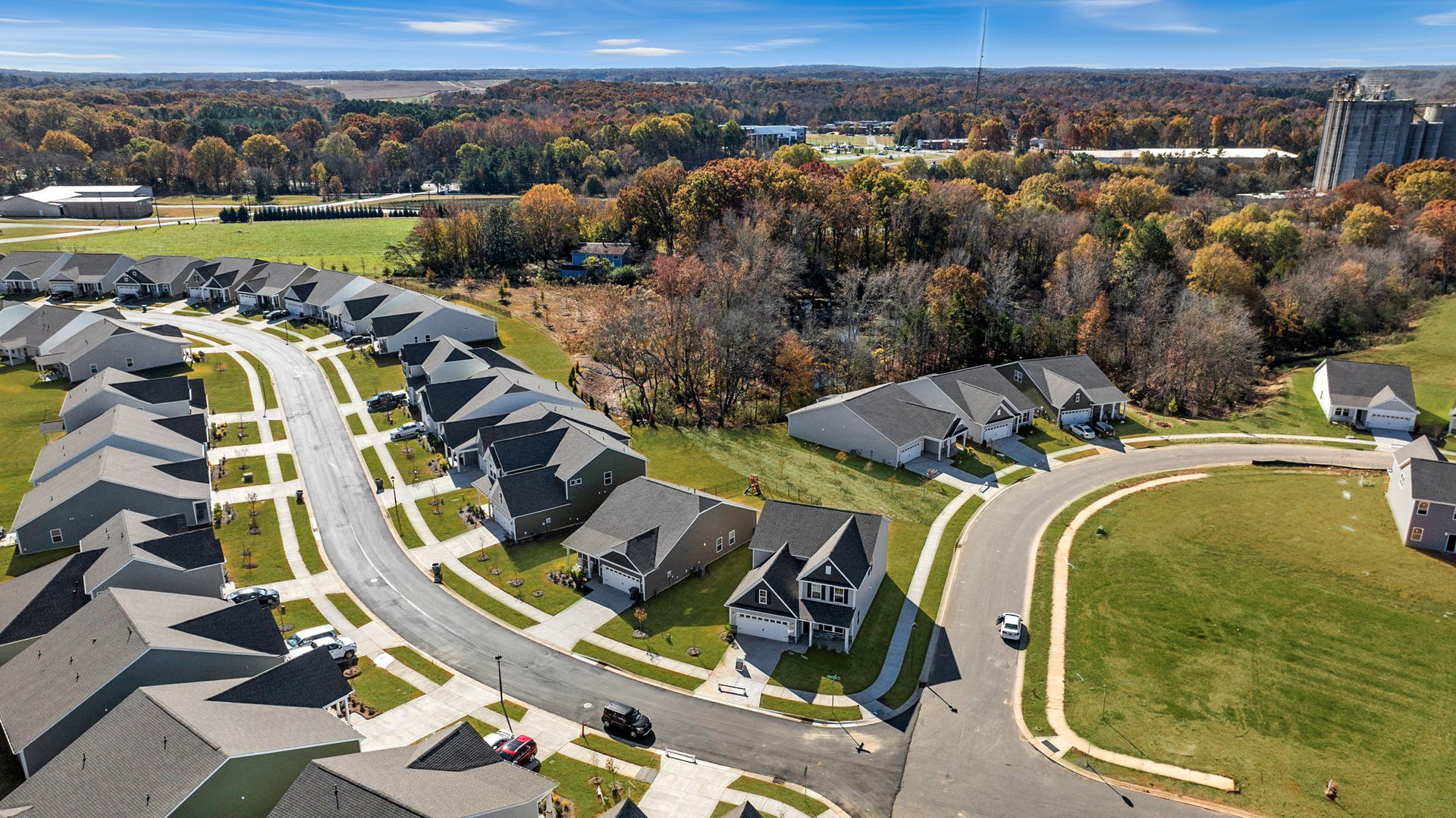Aerial view of homes in Wesley Chapel, NC with surrounding Union County countryside